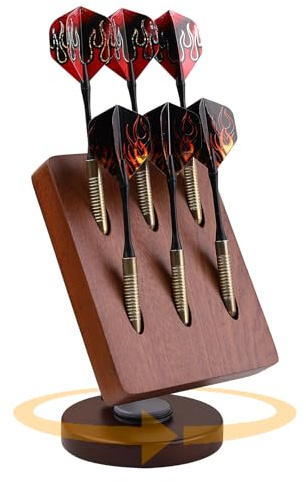 Enjoyard Rotating Wooden Dart Holder - Desktop Storage Stand for 6 Steel & Soft Tip Darts, Organizer Case with Non-Slip Base for Game Room, Bar, Office (Brown)