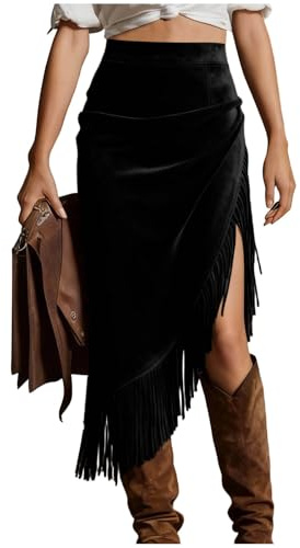 Women Long Skirts High Waist Fringe Casual Bodycon A-Line Skirt Elegant Casual Vintage Faux Suede Cowgirl Cowboy Outfits Tassel Fringed Trim Pencil Dressy Midi Skirt Vintage Faux Suede Long Skirts