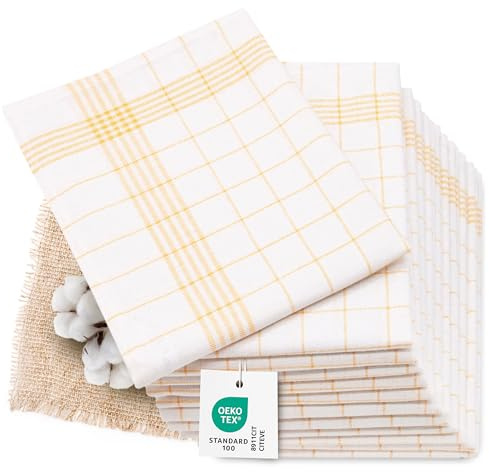 ZOLLNER 12er Set Geschirrtücher Halbleinen in 50x70 cm - super saugstarke und fusselfreie Küchentücher – waschbar bis 95°C – in gelb weiß kariert - Gastronomiequalität - Oeko Tex® Zertifiziert