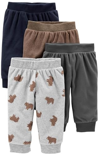 Simple Joys by Carter's - Paquete de 4 pantalones de forro polar para niños ,Gray/Navy/Brown/Bear Print ,3-6 Months