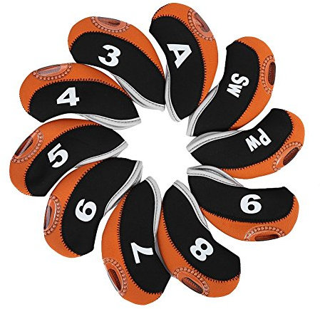 Alomejor 10 Stück/Set Eisenkopfabdeckungen mit Reißverschluss, Zahlendruck, Putter-Set, Schutzhülle, wasserdicht, Schlägerhauben aus Eisen, 3 Farben (Schwarz und Orange)