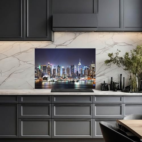 banjado Küchenrückwand Glas ohne Bohren 90x60cm – Glasrückwand Küche mit Motiv New York/Spritzschutz Küchenrückwand Glas/selbstklebende Küchenrückwand Platte - magnetisch & beschreibbar