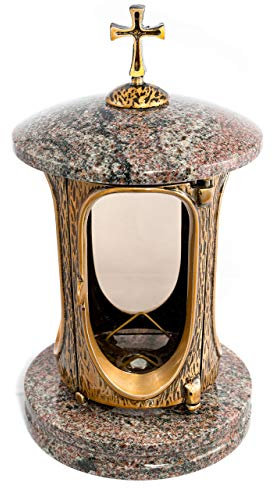 Lanterne funéraire élégante avec croix - Granit Paradiso - Hauteur : 27 cm - Diamètre : 15 cm - Lanterne funéraire - Lampe funéraire en granit bronze avec socle - Décoration funéraire