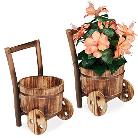 Relaxdays Carriole Portafiori in Legno, Set 2x Carretti Giardino, Porta Vasi dal Design Vintage, Giardinaggio, Naturale