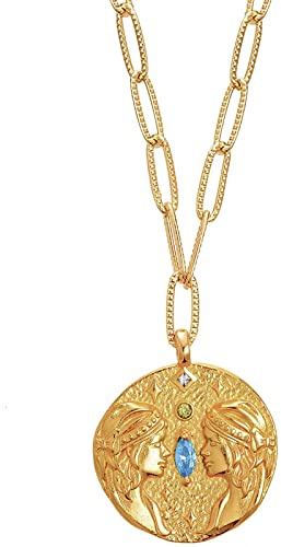 AUROZIA 12 Constellation Necklace, Lucky Zodiac Necklace, 18K Heavy Gold Plated with Crystals and Gemstones Double Sided Coin Birthday Gifts for Women(Gemini)