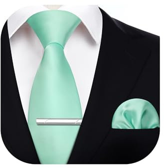 HISDERN Krawatte für Herren Mintgrün - Krawatte mit Einstecktuch Krawattenklammer Hochzeit Einfarbig Seide Krawatten und Taschentuch Set für Männer