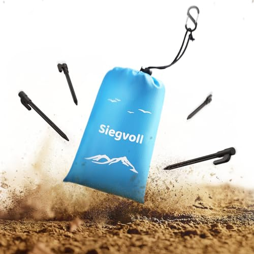 Siegvoll Coperta da spiaggia senza sabbia, 210 x 200 cm, ultraleggera, portatile, per spiaggia, trekking, campeggio, spiaggia, con 4 angoli di fissaggio, moschettone, borsa per il