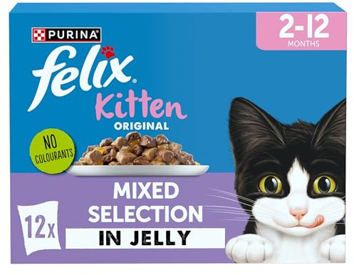 FELIX Original Kitten <1 Wet Cat Food Mixed Selection in Jelly Salmon, Lamb, Chicken, White fish 12 x 85g Pouches (Pack of 4)