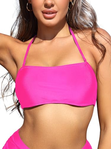 SHEKINI Womens Bandeau Bikini Bra Tops with Removable Halter Straps Swimsuit Swimming Costume Pink