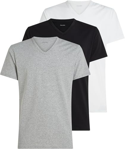 Calvin Klein Men’s 3 Pack Short Sleeve V-Neck T-Shirts, Multicolor (Black, White, Grey Heather), XL