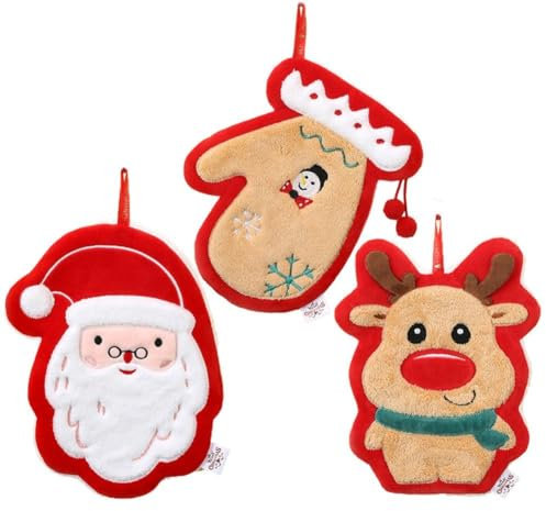 Fituenly Weihnachtshandtücher, 3 Stück, Süße Weihnachtshandschuhe, Weihnachtsmann, Rentier, Weiche, Saugfähige Handtücher Für Zuhause, Küche, Badezimmer