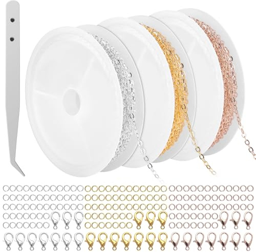 JIANGZHIB 3 rullar 300 cm länkkedja, 3 färgers kedjor, roséguld, guld och länkkedja silver, smyckestillverkningstillbehör med 150 böjringar och 30 karbinhakar för halsband, armband