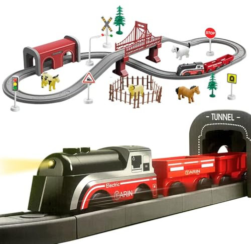 BASAMOU Trenino Elettrico Bambini 3 4 5 6 7 8 Anni con Luci e Animali, Treno Giocattolo Pista Macchinine, Giochi Bambini Pista da Corsa, Giocattolo Educativo Bambino Regalo Compleanno, Natale (70PCS)