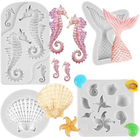 Pack of 4 Candle Moulds Silicone Sea Motif Candle Moulds for Casting, Shell Silicone Moulds Casting Moulds Candles Sea Life Soap Moulds Silicone for DIY Cake Decoration, Chocolate, Sweets