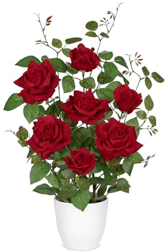 Oairse Fiori Artificiali di Rosa in Vaso, Pianta Finta Realistica in Seta, Fiori di Rose Rosse Finte con Vaso Bianco, Decorazione Floreale per Matrimonio, Soggiorno, Camera da Letto, Ufficio