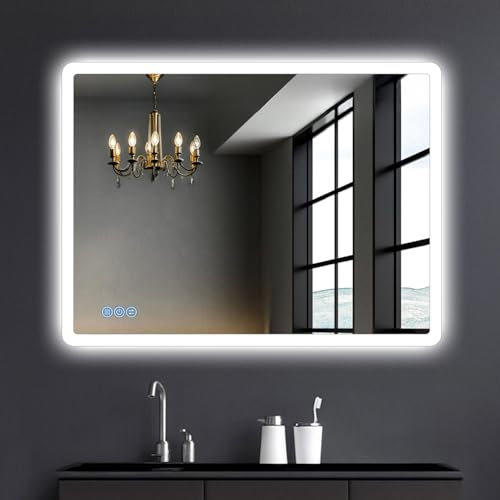baklon Specchio da bagno con illuminazione, 800 x 600 mm, specchio da parete e interruttore touch, IP65 LED con funzione di memoria, 3 temperature di colore, orizzontale/verticale, vetro temperato HD