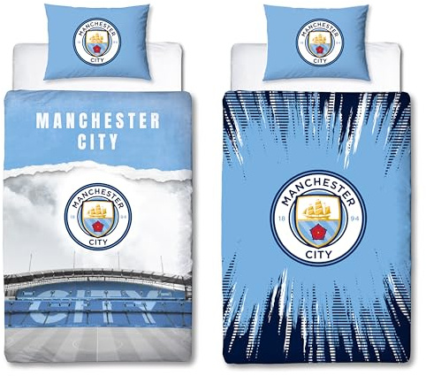 Character World Manchester City FC officiellt enkelt påslakanset | blått vändbart 2-sidigt fotbollsstadion sängkläder överdrag officiella varor inklusive matchande örngott