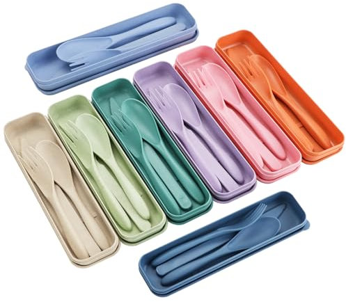 Jiayaus 8 Sets Travel Cutlery Set, Reusable Camping Cutlery with Forks Spoons Knife Case, Portable Plastic Cutlery Set for Kids Adult Lunch Travel Picnic Camping Or Daily Use