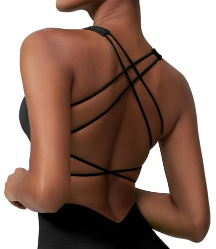Okdance Reggiseno sportivo da donna con schiena scoperta, spaghetti indietro, croci, palestra, top a basso impatto, supporto per pilates, yoga, Nero , L