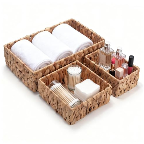 3 Pezzi Cestino Portaoggetti in Vimini, Cestini in Giacinto D'acqua Naturale Rettangolare, Cesto di Intrecciato Decorativo per Bagno, Scaffale, Cucina, Soggiorno