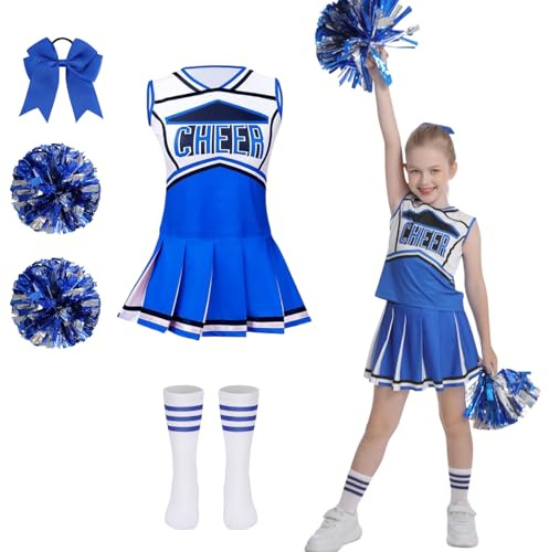 DELIVESS Cheerleader Costum for Girls Cheerleading Outfit Kids School Cheer Uniform 5 Pcs Set for Halloween Party Dress up