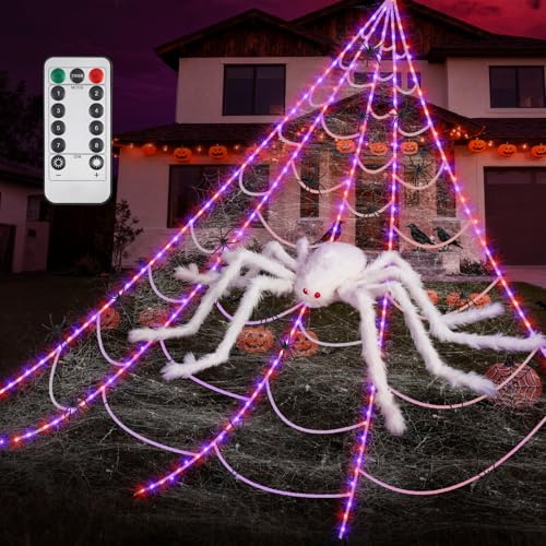 Strixorn Tela de Araña Gigante 5M con 250 Luces LED Púrpura, Araña Blanca de 1,25M, 20 Arañas y Telarañas, 8 Modos, Mando a Distancia, Impermeable para Decoración Halloween Exterior