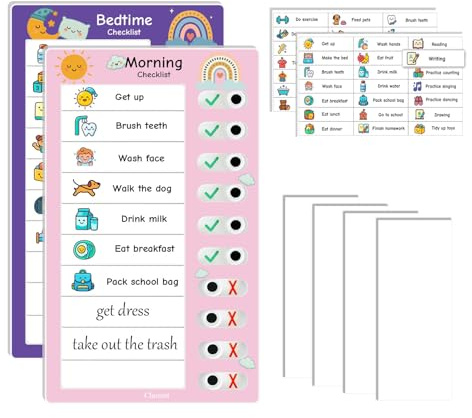 2PCS Visual Chore Chart for Kids, Schedule Checklist for Children, Kids' to-Do Task Boards (1 Morning Routine Board, 1 Bedtime Routine Board) (Pink)