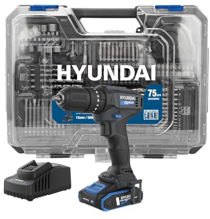 HYUNDAI Akku-Schlagbohrschrauber HD20S-50-2A1 SET | 20V, 50 Nm, 13mm Metallbohrfutter, 2-Gang-Metallgetriebe | 1 x 2.0Ah Akku, Ladegerät, Koffer mit 75-teiligem Zubehör