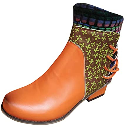 peiaclkde Stivaletti Donna In Pelle Stivaletto Stile Etnico Modello Scarpe Donna Con Tacco Grosso Basso E Punta Scarponcini Con Zipper Laterale E Stringate Dietro Booties Vintage Casual Per Outdoor