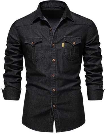 PADOLA Camicia Uomo Denim Manica Lunga, Taglio Regolare, Collo Button-Down, Cotone, Elegante Casuale per Business e Lavoro(L,Nero)