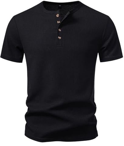Henley T Shirt Mens Short Sleeve Muscle fit Grandad Collar Waffle Casual Smart Tops