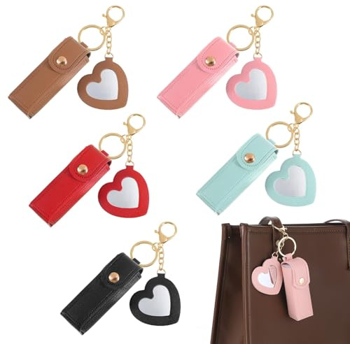 Lot de 5 étuis à rouge à lèvres avec miroir et porte-clés, étui porte-clés en cuir PU, porte-baume à lèvres portable et compacte, organisateur d'étuis pratique, mini rouge à lèvres et gloss pour femme