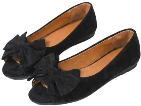 Ballerines plates en daim pour femmes avec nœud à bout ouvert, Noir , 39.5 EU | Chaussures orthopédiques compensées - Coupe large - Antidérapantes - Respirantes - Pour la marche, le bureau, les vacances