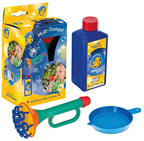 PUSTEFIX Multi-Bubble-Trompete I 250 ml Seifenblasenwasser I Bunte Bubbles Made in Germany I Seifenblasen Spielzeug für Kindergeburtstag, Hochzeit & als Gastgeschenk I Spaß für Kinder & Erwachsene