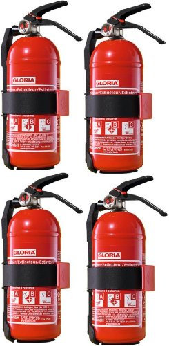 4 Stück GLORIA 1 kg Pulver-Feuerlöscher für Kfz, Werkstatt, Boot, Küche oder Garage # mit Manometer # Kfz.-Halter und Sicherheitsspannband