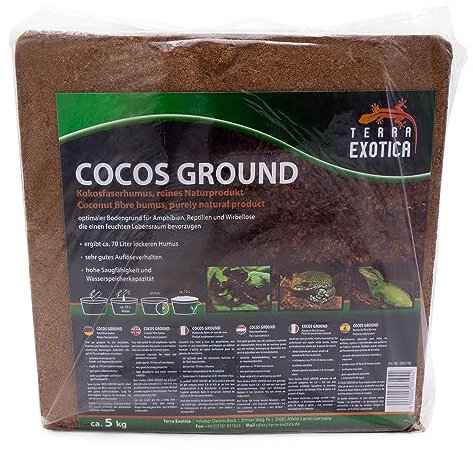 Cocos Ground - Kokoshumus für Terrarien - ca. 70 Liter lockerer Humus - Einstreu für Amphibien, Reptilien und Wirbellose - Humusziegel Bodengrund - gepresste Blumenerde aus Kokosfaserhumus (5Kg)