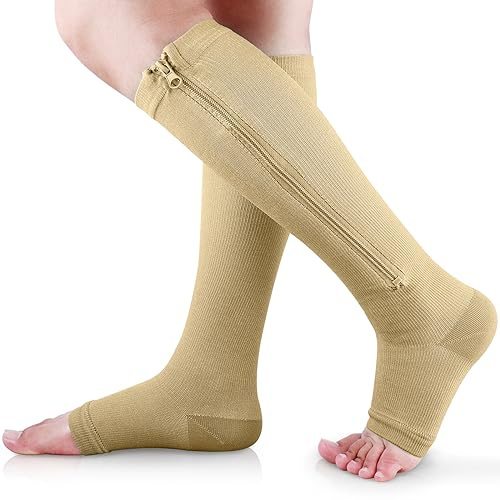 Ailaka Zipper 15-20 mmHg Compression Socks for Women Men, Knee High Open Toe Support Graduated Medical Varicose Veins Hosiery for Edema, Swollen, Pregnancy, Recovery