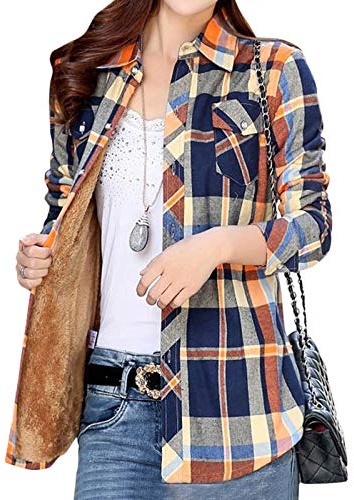 Minetom Hiver Chemise Femme Blouse Manche Longue à Carreaux Chaud Doublure en Velours Bouton Tops Tunique Chemisie Gilet Veste Shirt Style H 36