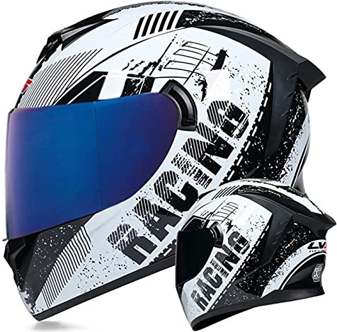 Casco Integrale Da Moto Uomo Donna Omologato DOT/ECE Caschi Integrali Per Moto Casco Moto Doppia Visiera Ventilato Casco Per Moto Da Cross, Casco Da Moto Bianco E Nero Blue Lens,M