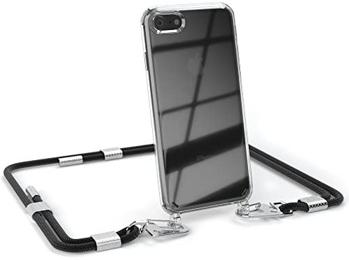 EAZY CASE - kombinierbare Handyketten kompatibel mit iPhone SE (2022/2020) / iPhone 8/7, Transparente Silikon-Hülle mit Umhängeband, Abnehmbarer Karabiner, Umhängetasche, Schwarz - Clips Silber
