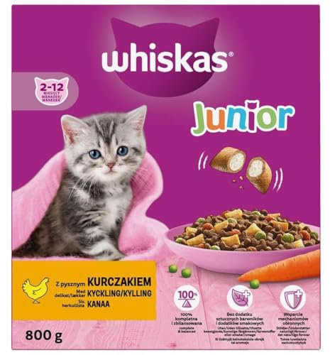 Whiskas Junior Trockenfutter Huhn, 2 x 0,8kg (2 Packungen) im Karton - Trockenfutter für heranwachsende Katzen - Extra kleine Kibbles für Kätzchen (2-12 Monate)