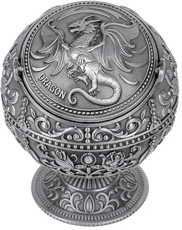 Philo Fun Vintage Dragon Ball Ashtray with Windproof Lid, Antique Silver