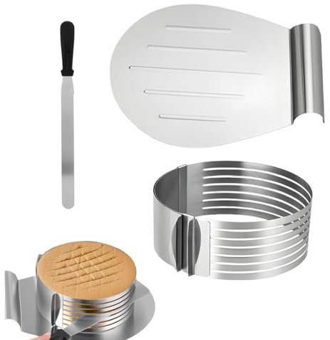 AUSYIWI Torten Zubehör 3er Set, Tortenring Verstellbar Backring aus Edelstah, Tortenschneider Tortenheber für Tortenboden Kuchen Boden Brot Backform Backanfängern und Hobbybäckern