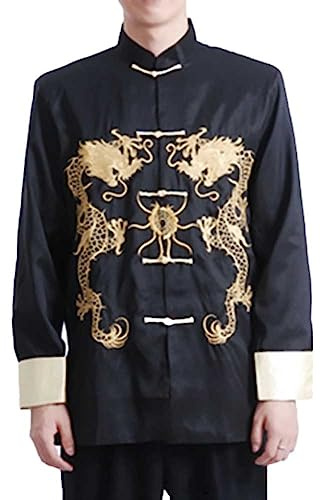 Men Traditional Tang Jacket Kung Fu Wing Chun Uniform Chinese New Year Party Long Sleeve Top Coat (Black, XL)