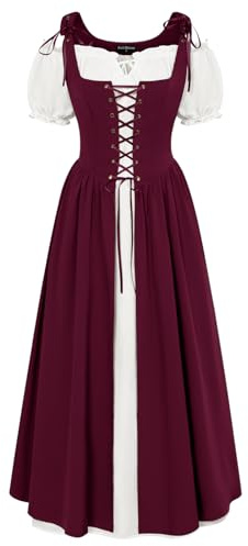 SCARLET DARKNESS Robe Femme d'Été Longue Médiévale 2 Pièces, Manches Bouffantes et Taille Cintrée Rouge Foncé L