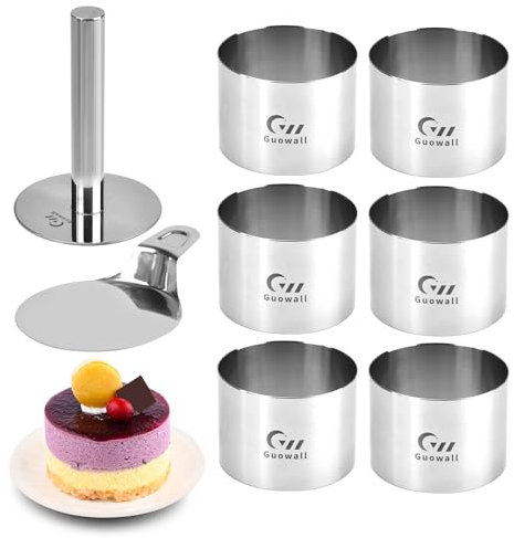 Guowall Cercle à Patisserie en Acier Inoxydable, Anneaux de pâtisserie 6 Ronds avec 1 poussoir et 1 spatule, 7,6 cm Diamètre, 5,5 cm Haut, Moule Cercle pour Dessert Gâteau