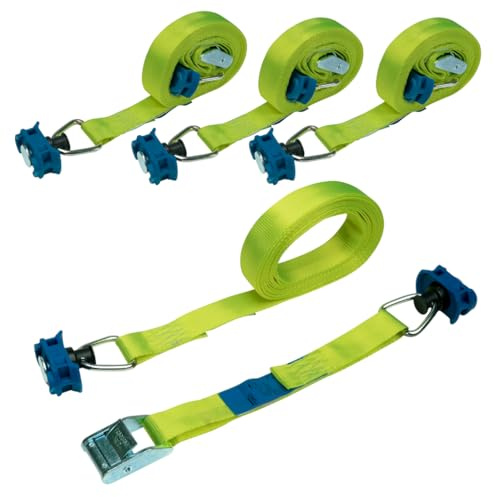 Lot de 4 Sangles d'arrimage en Deux Parties de 4 m avec Boucle de Serrage - Sangle de Fixation Rapide pour Rail d'arrimage Airline - 175 daN - Jaune