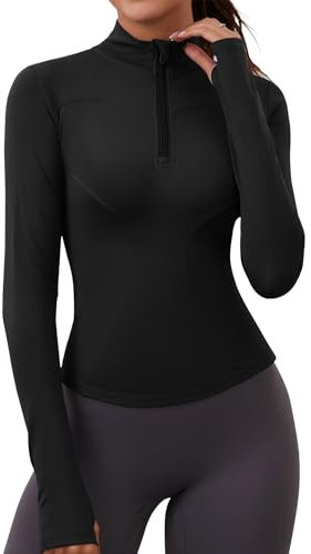 Rapbin Damen Sportshirt Gym Top Langarm Crop Top Sport T-Shirt Leicht Fitness Oberteil mit Halbem Reißverschluss und Daumenloch Schwarz L