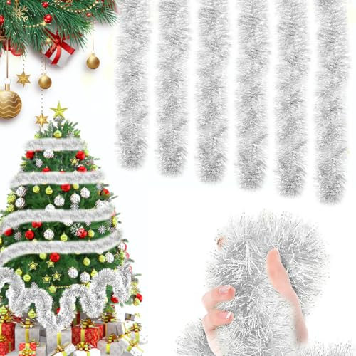 Guirlande de Noël Sapin, 6 Pièces x 2 m Tinsel Or et Argenté, Décorations Métalliques pour Sapin de Noël