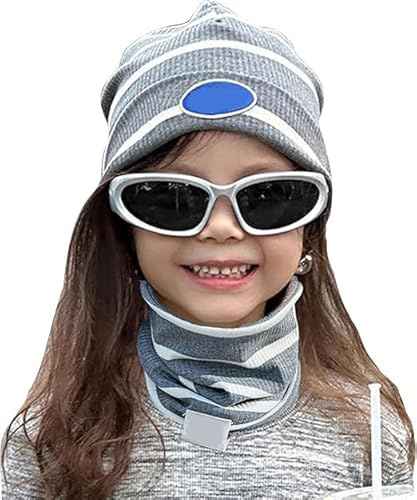 Richaa Set Berretto e Sciarpa Autunnale per Bambini, Moda Primavera, in Cotone, Beanie, Sciarpa, per Ragazze e Ragazzi, grigio/bianco a strisce, Taglia unica